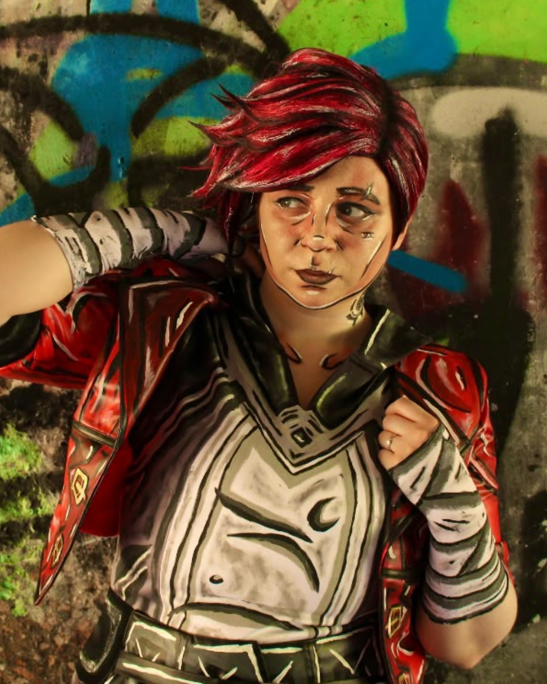 Celshaded Vi cosplay with hand on neck